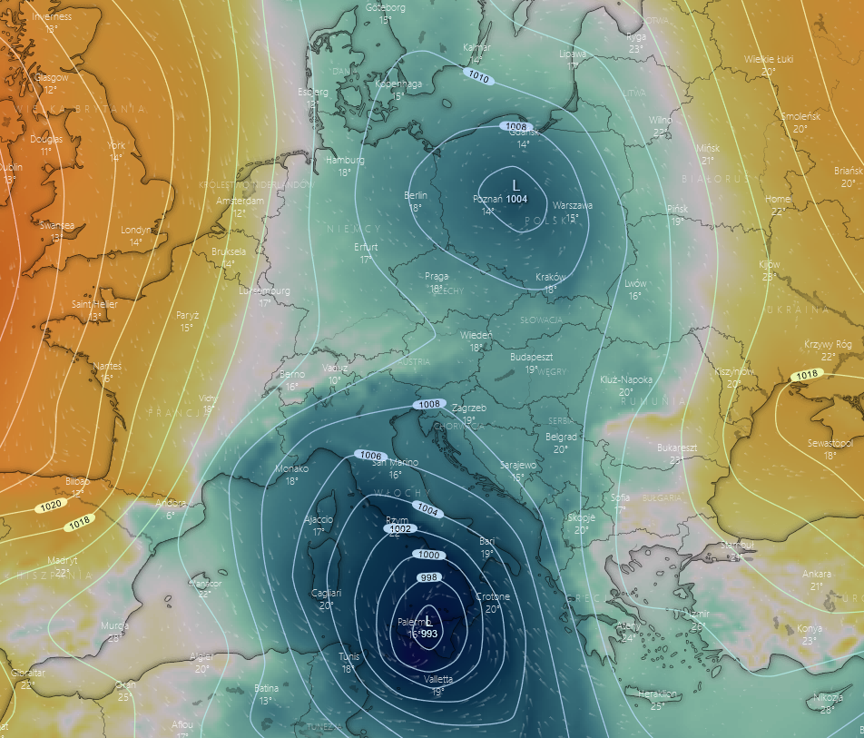 Pogoda: Aktywne układy niskiego ciśnienia nad Europą - prognoza położenia w poniedziałek (widoczny niż bezpośrednio nad Polską